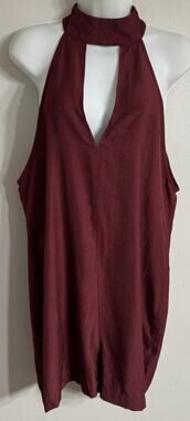 Neon Rose Halter Romper Women’s Medium Shorts Burgundy Cutout High Collar NEW